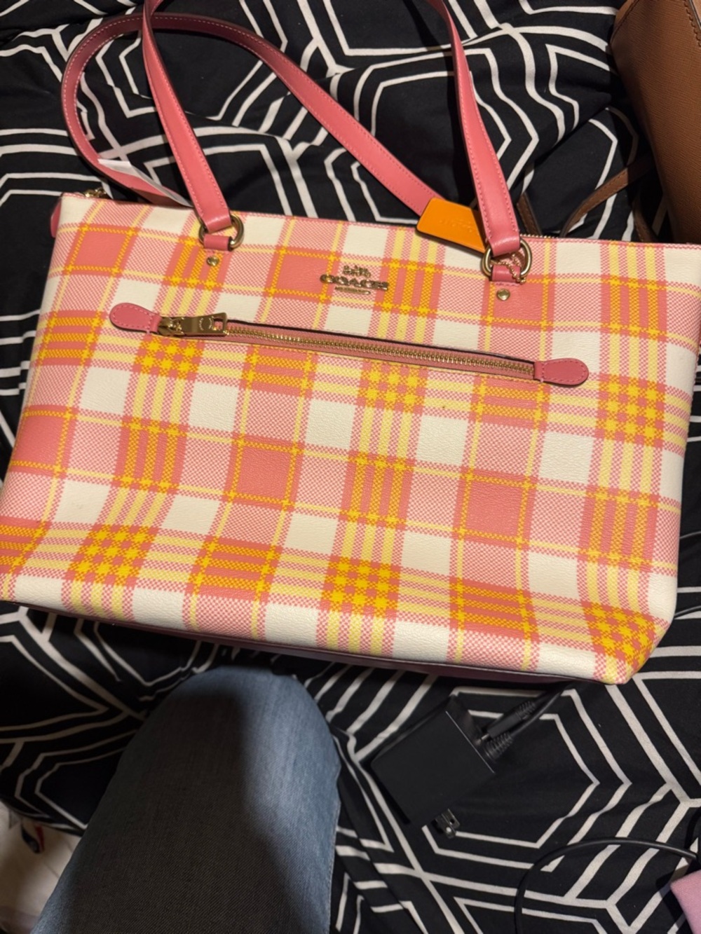 Coach Pink & Yellow Plaid Tote Bag